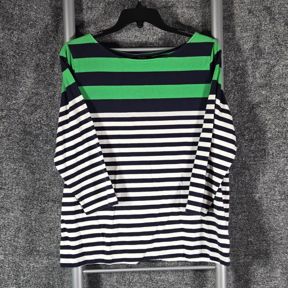 Chaps Womens XL Navy Blue Green White Striped Boat Neck 3/4 Sleeve Top